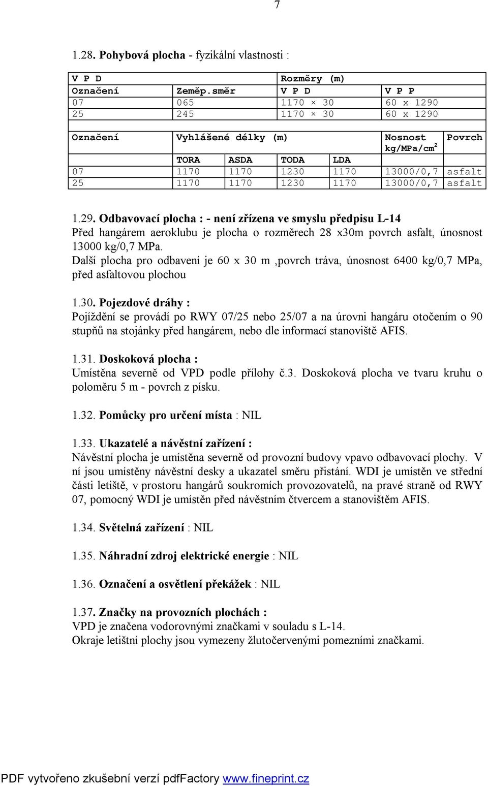 1170 13000/0,7 asfalt 1.29. Odbavovací plocha : - není zřízena ve smyslu předpisu L-14 Před hangárem aeroklubu je plocha o rozměrech 28 x30m povrch asfalt, únosnost 13000 kg/0,7 MPa.