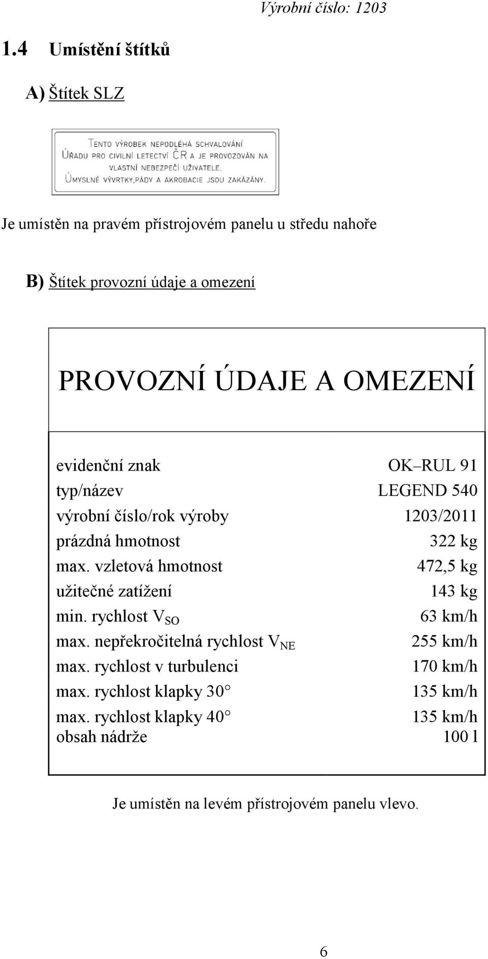 vzletová hmotnost 472,5 kg užitečné zatížení 143 kg min. rychlost V SO 63 km/h max. nepřekročitelná rychlost V NE 255 km/h max.