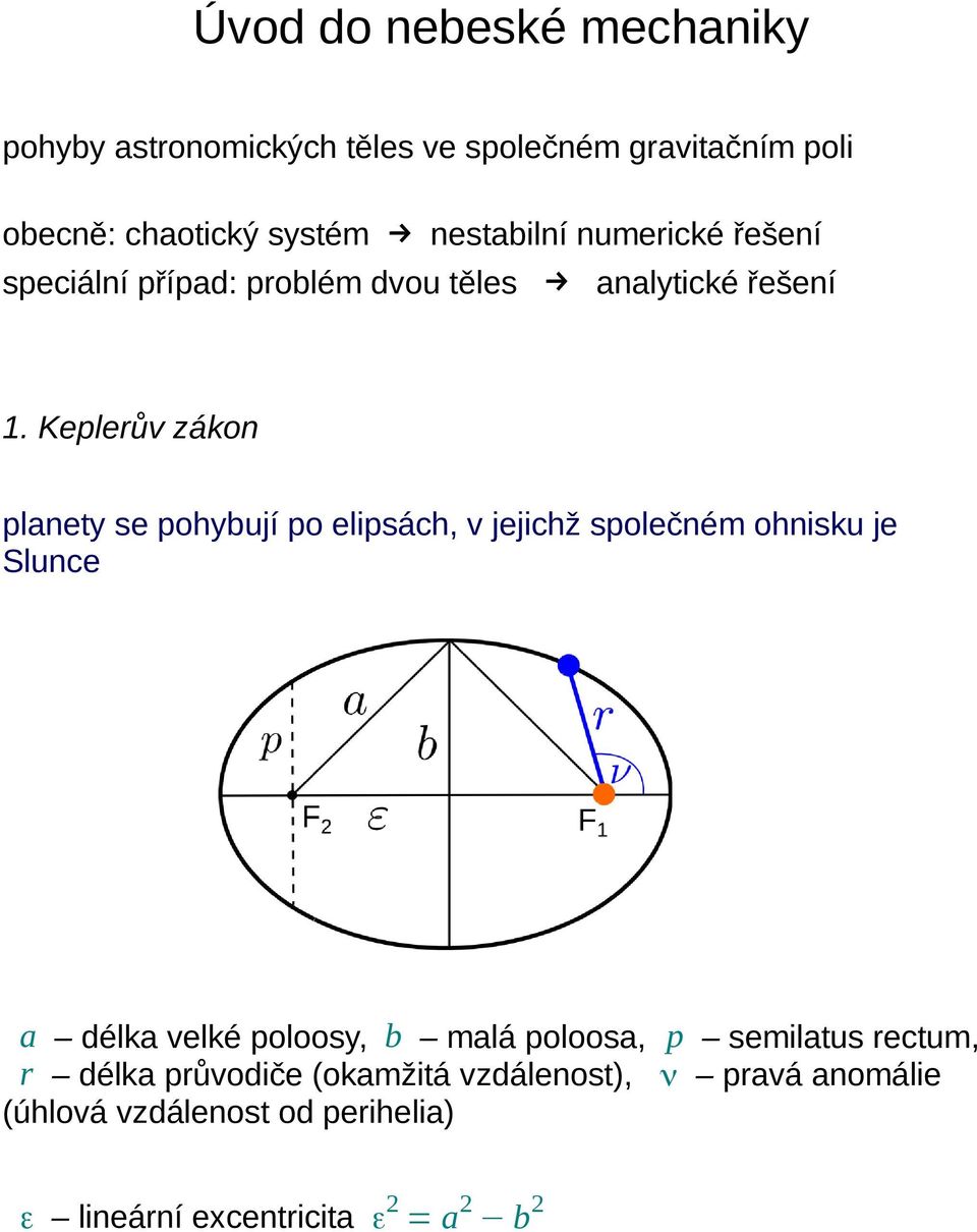 Keplerův zákon planety se pohybují po elipsách, v jejichž společném ohnisku je Slunce a délka velké poloosy, b malá