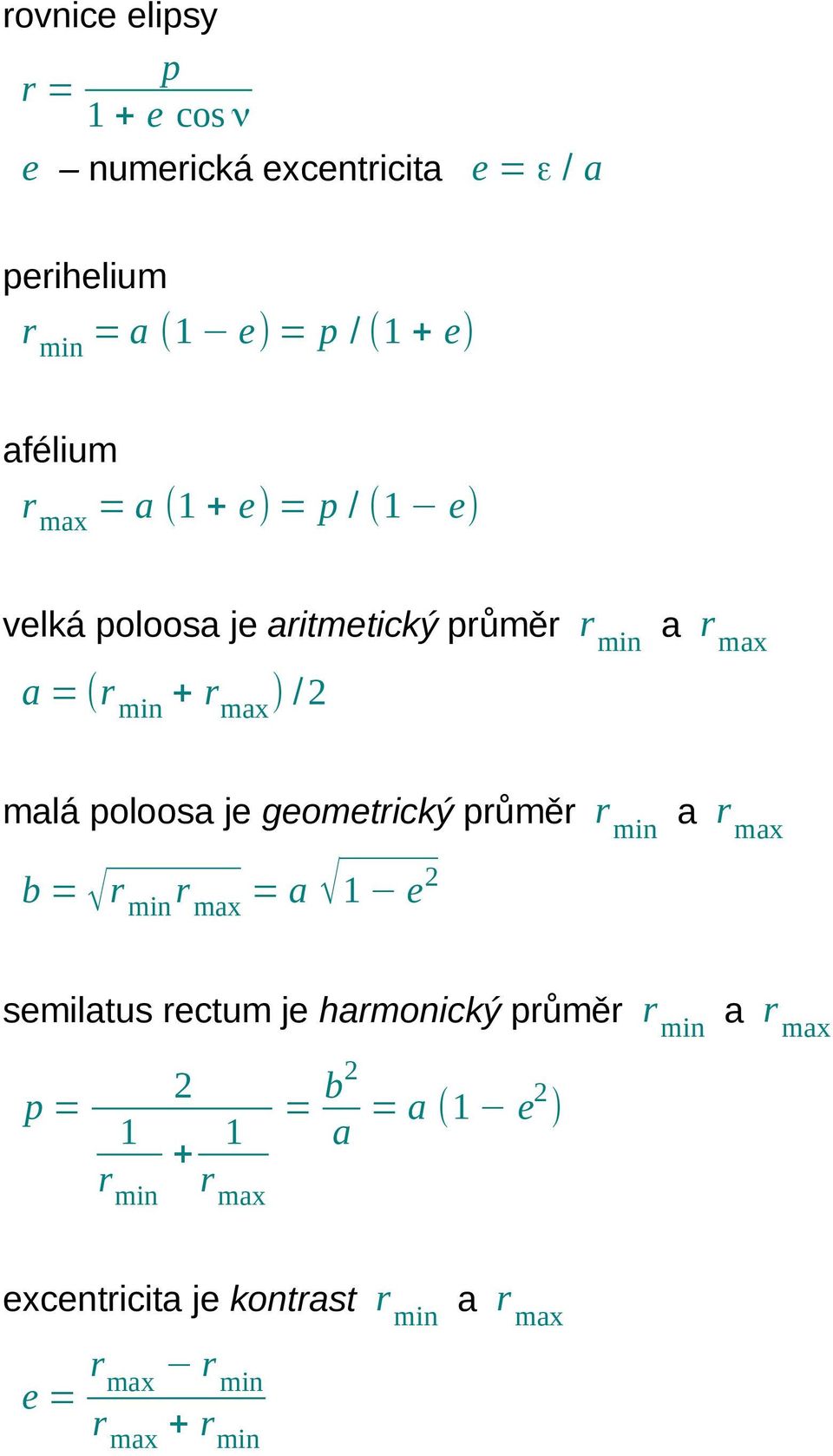 malá poloosa je geometrický průměr r min a r max b = r min r max = a 1 e 2 semilatus rectum je harmonický průměr r