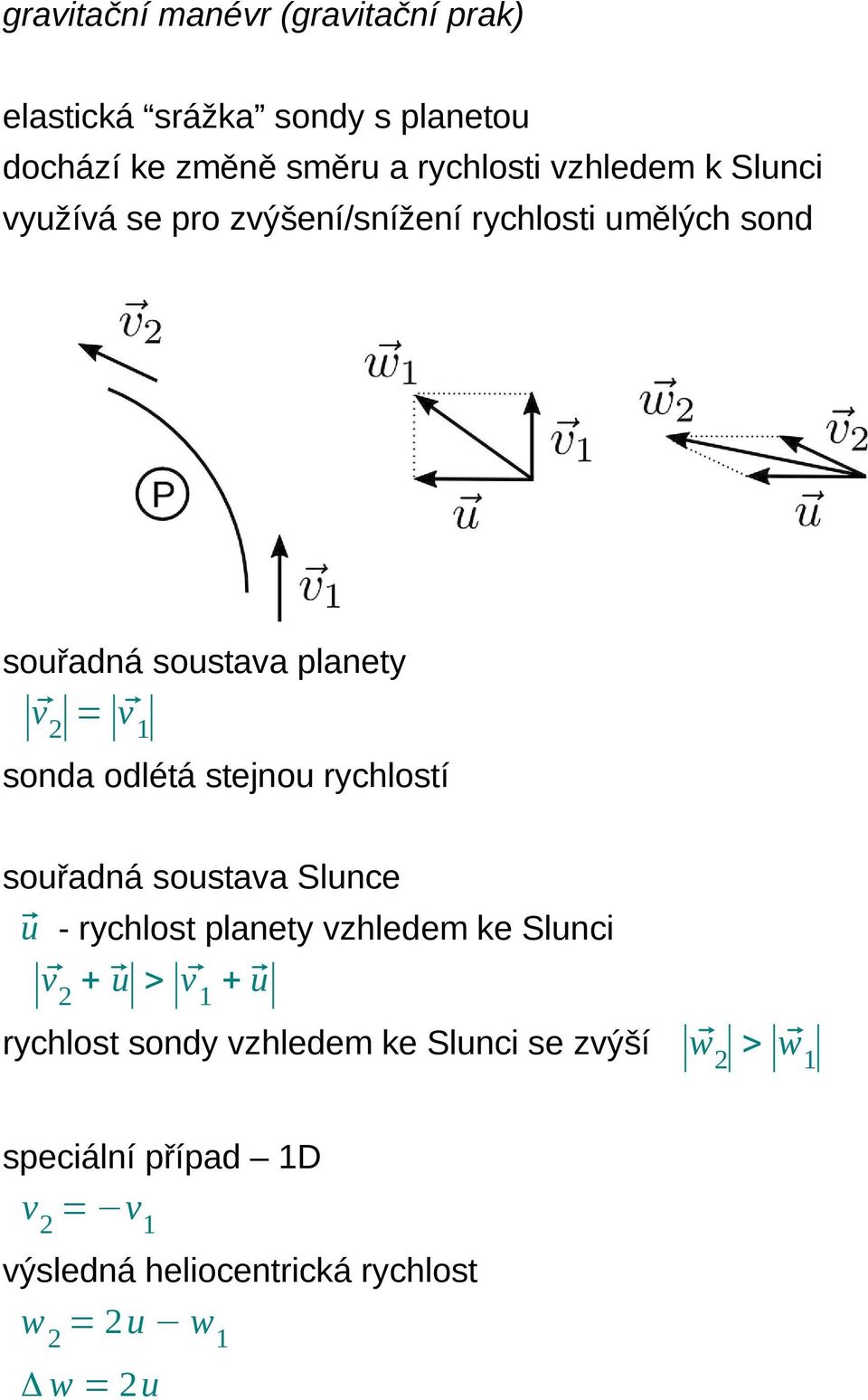 stejnou rychlostí souřadná soustava Slunce u - rychlost planety vzhledem ke Slunci v 2 + u > v 1 + u rychlost sondy
