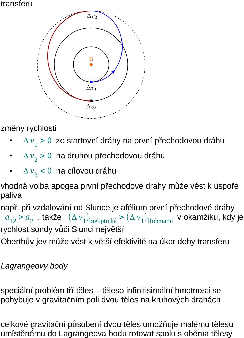 při vzdalování od Slunce je afélium první přechodové dráhy a12 > a2, takže (Δ v 1)bieliptická > (Δ v 1)Hohmann v okamžiku, kdy je rychlost sondy vůči Slunci největší Oberthův jev