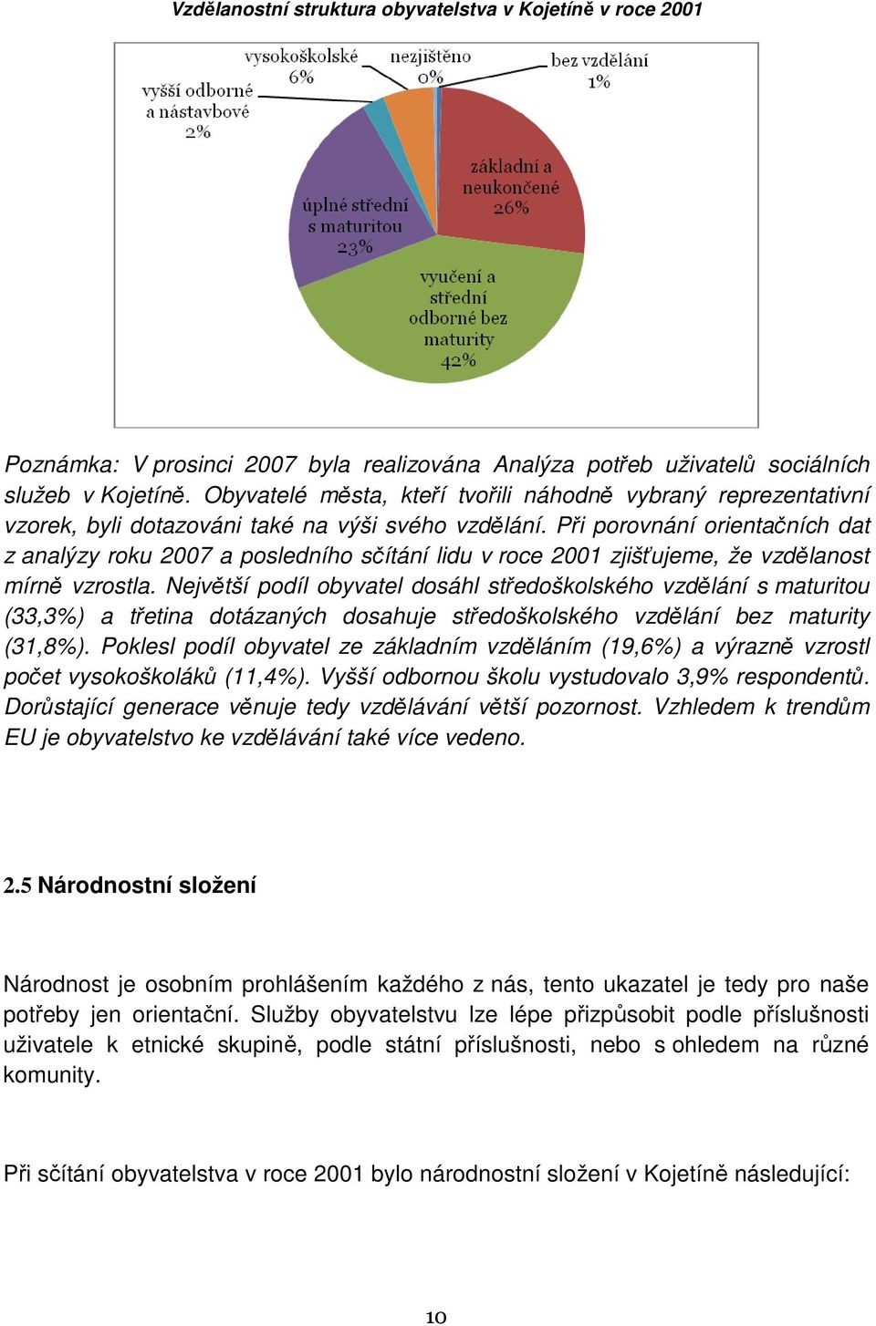Při porovnání orientačních dat z analýzy roku 2007 a posledního sčítání lidu v roce 2001 zjišťujeme, že vzdělanost mírně vzrostla.