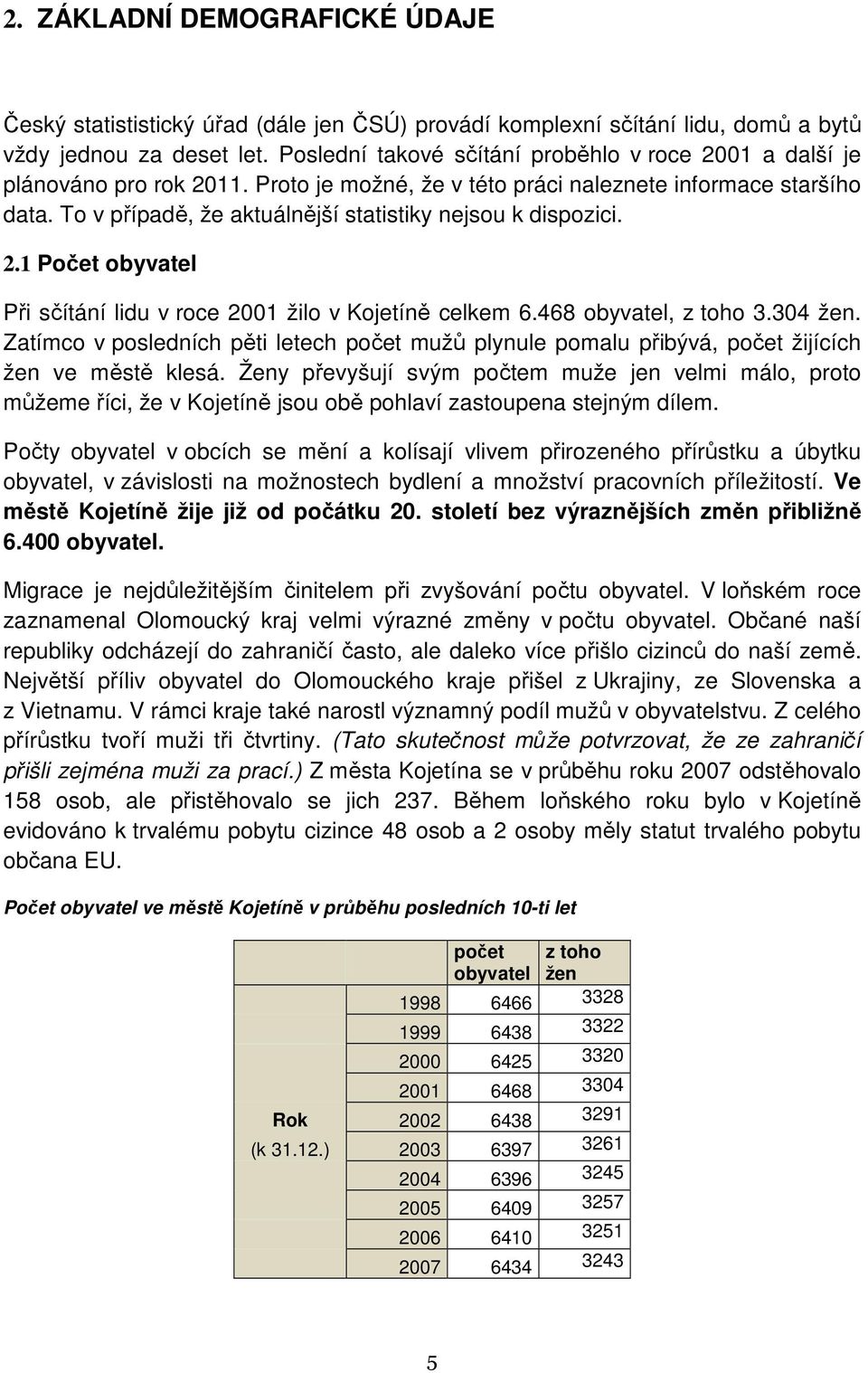 To v případě, že aktuálnější statistiky nejsou k dispozici. 2.1 Počet obyvatel Při sčítání lidu v roce 2001 žilo v Kojetíně celkem 6.468 obyvatel, z toho 3.304 žen.