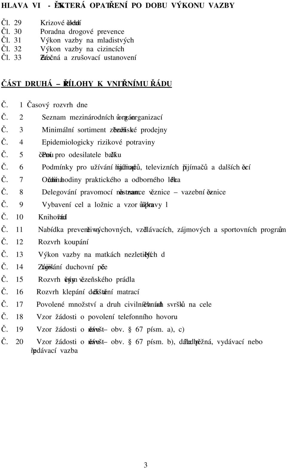 2 Seznam mezinárodních orgánů a organizací Č. 3 Minimální sortiment zboží vězeňské prodejny Č. 4 Epidemiologicky rizikové potraviny Č. 5 Poučení pro odesilatele balíčku Č.
