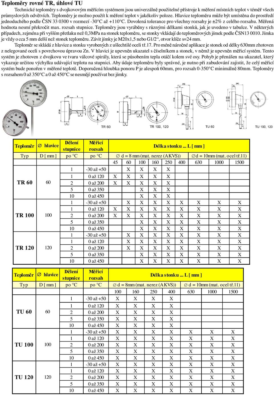 Dovolená tolerance pro všechny rozsahy je ±2% z celého rozsahu. M ená hodnota nesmí p ekro it max. rozsah stupnice. Teplom ry jsou vyráb ny s r znými délkami stonk, jak je uvedeno v tabulce.