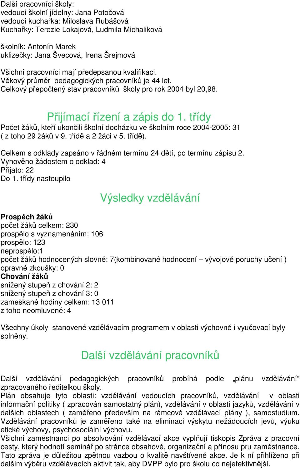 Přijímací řízení a zápis do 1. třídy Počet žáků, kteří ukončili školní docházku ve školním roce 2004-2005: 31 ( z toho 29 žáků v 9. třídě a 2 žáci v 5. třídě).