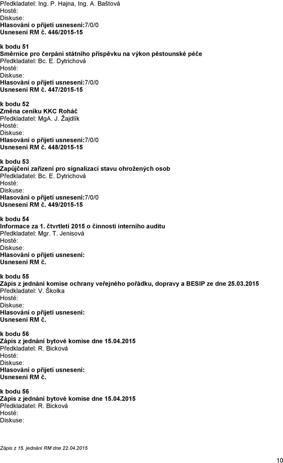 449/2015-15 k bodu 54 Informace za 1. čtvrtletí 2015 o činnosti interního auditu Předkladatel: Mgr. T. Jenisová Hlasování o přijetí usnesení: Usnesení RM č.