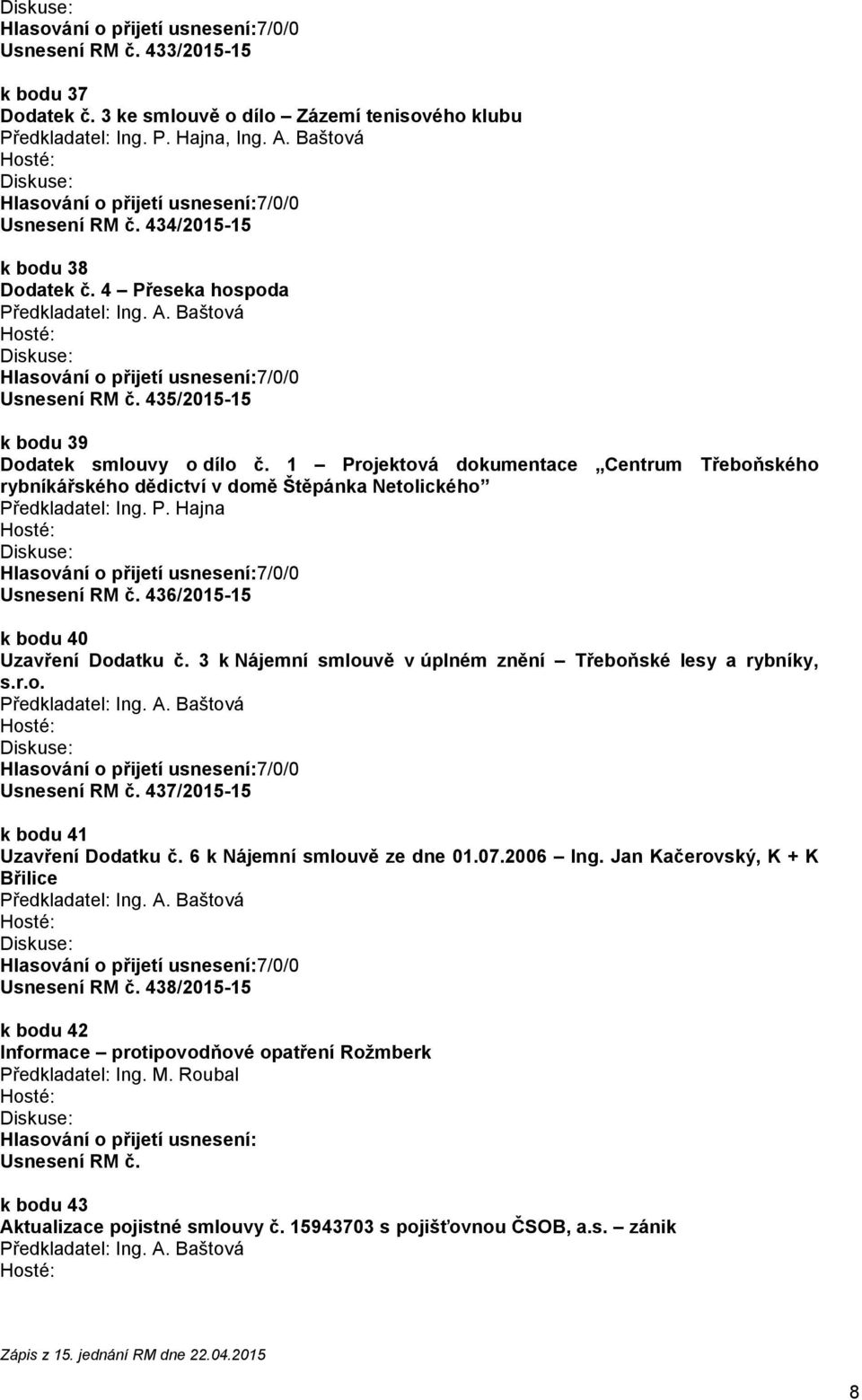 436/2015-15 k bodu 40 Uzavření Dodatku č. 3 k Nájemní smlouvě v úplném znění Třeboňské lesy a rybníky, s.r.o. Usnesení RM č. 437/2015-15 k bodu 41 Uzavření Dodatku č. 6 k Nájemní smlouvě ze dne 01.07.