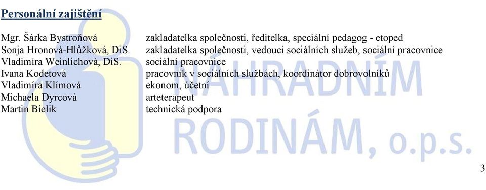 speciální pedagog - etoped zakladatelka společnosti, vedoucí sociálních služeb, sociální pracovnice