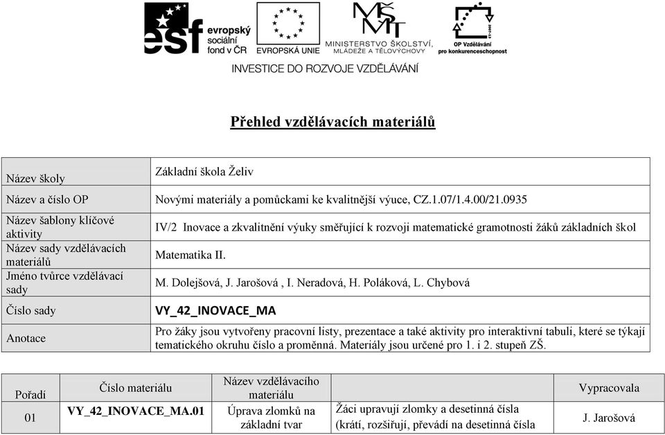 Neradová, H. Poláková, L. Chybová VY_42_INOVACE_MA Pro ţáky jsou vytvořeny pracovní listy, prezentace a také aktivity pro interaktivní tabuli, které se týkají tematického okruhu číslo a proměnná.