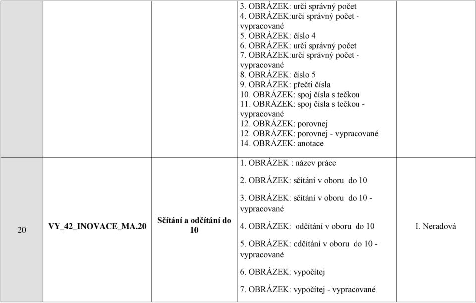 OBRÁZEK: porovnej 12. OBRÁZEK: porovnej - vypracované 14. OBRÁZEK: anotace 1. OBRÁZEK : název práce 2. OBRÁZEK: sčítání v oboru do 10 20 VY_42_INOVACE_MA.