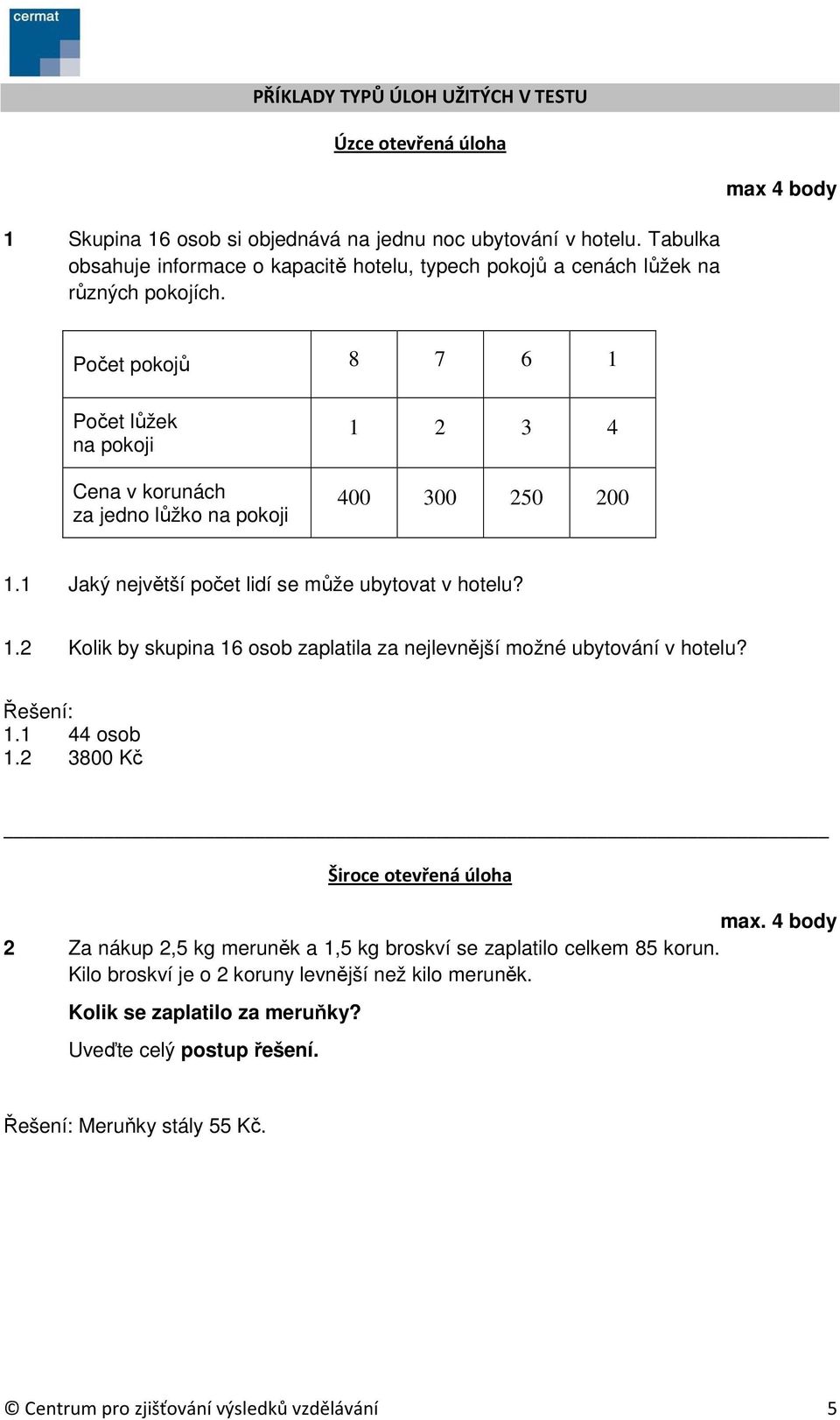 Počet pokojů 8 7 6 1 Počet lůžek na pokoji Cena v korunách za jedno lůžko na pokoji 1 2 3 4 400 300 250 200 1.1 Jaký největší počet lidí se může ubytovat v hotelu? 1.2 Kolik by skupina 16 osob zaplatila za nejlevnější možné ubytování v hotelu?