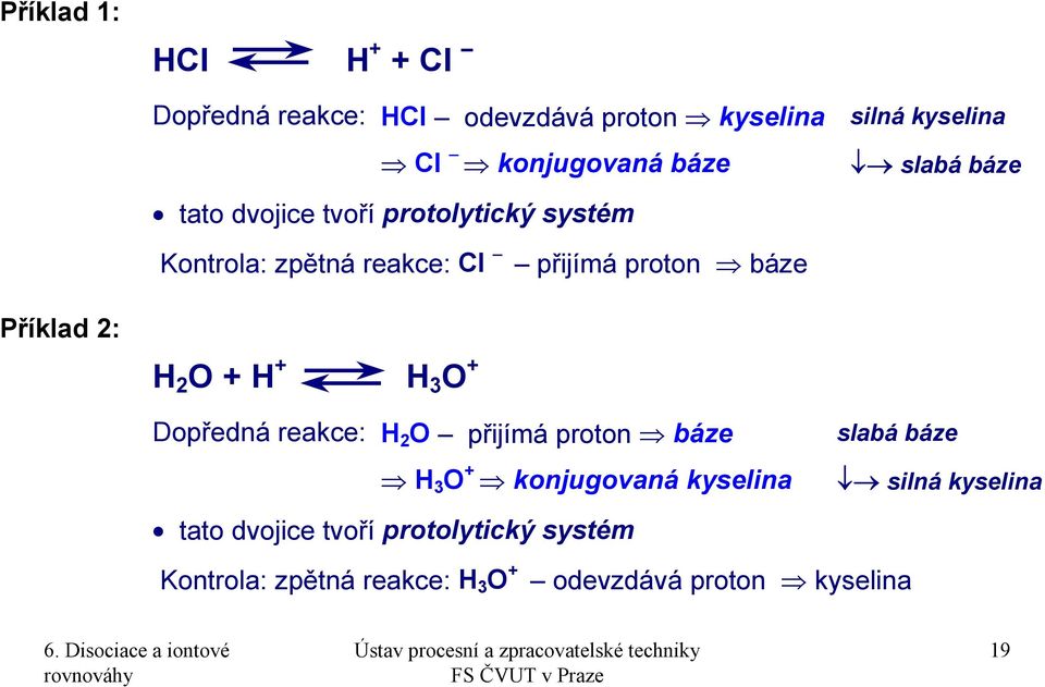 H 2 O + H + H 3 O + Dopředná reakce: H 2 O přijímá proton báze H 3 O + konjugovaná kyselina slabá báze silná