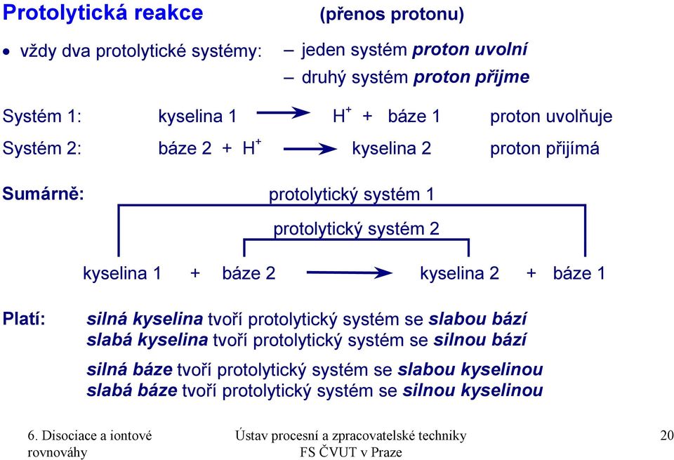 systém 2 kyselina 1 + báze 2 kyselina 2 + báze 1 Platí: silná kyselina tvoří protolytický systém se slabou bází slabá kyselina tvoří