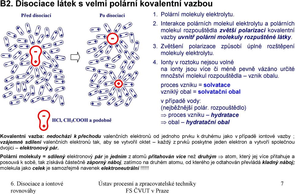 Zvětšení polarizace způsobí úplné rozštěpení molekuly elektrolytu. 4. Ionty v roztoku nejsou volné na ionty jsou více či méně pevně vázáno určité množství molekul rozpouštědla vznik obalu.