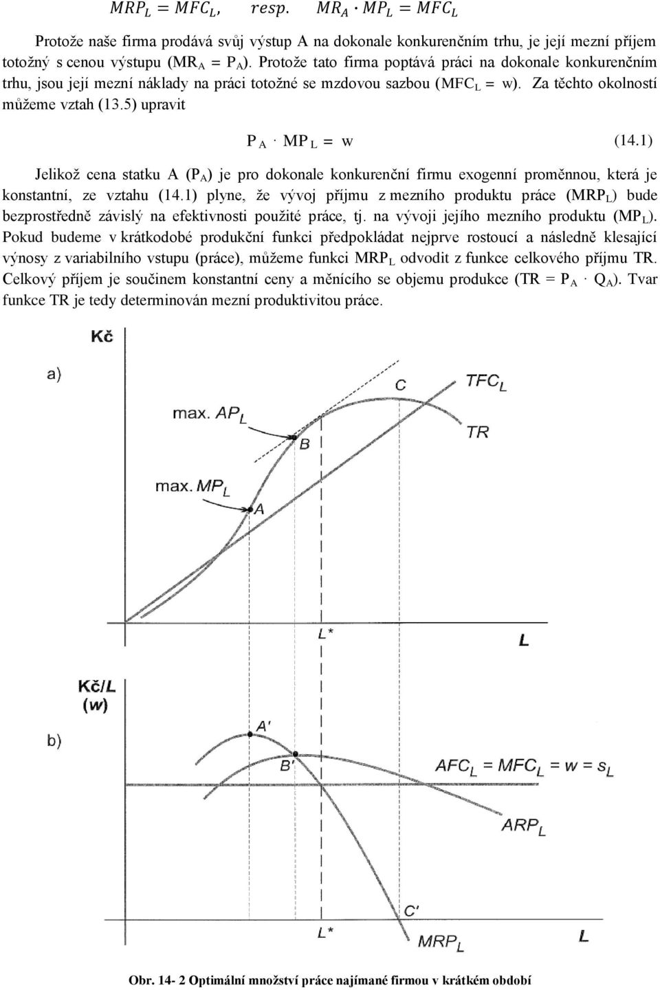 5) upravit P A MP L = w (14.1) Jelikož cena statku A (P A ) je pro dokonale konkurenční firmu exogenní proměnnou, která je konstantní, ze vztahu (14.