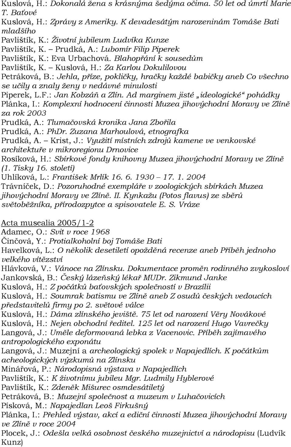 : Jehla, příze, pokličky, hračky každé babičky aneb Co všechno se učily a znaly ženy v nedávné minulosti Piperek, L.F.: Jan Kobzáň a Zlín. Ad marginem jisté ideologické pohádky Plánka, I.