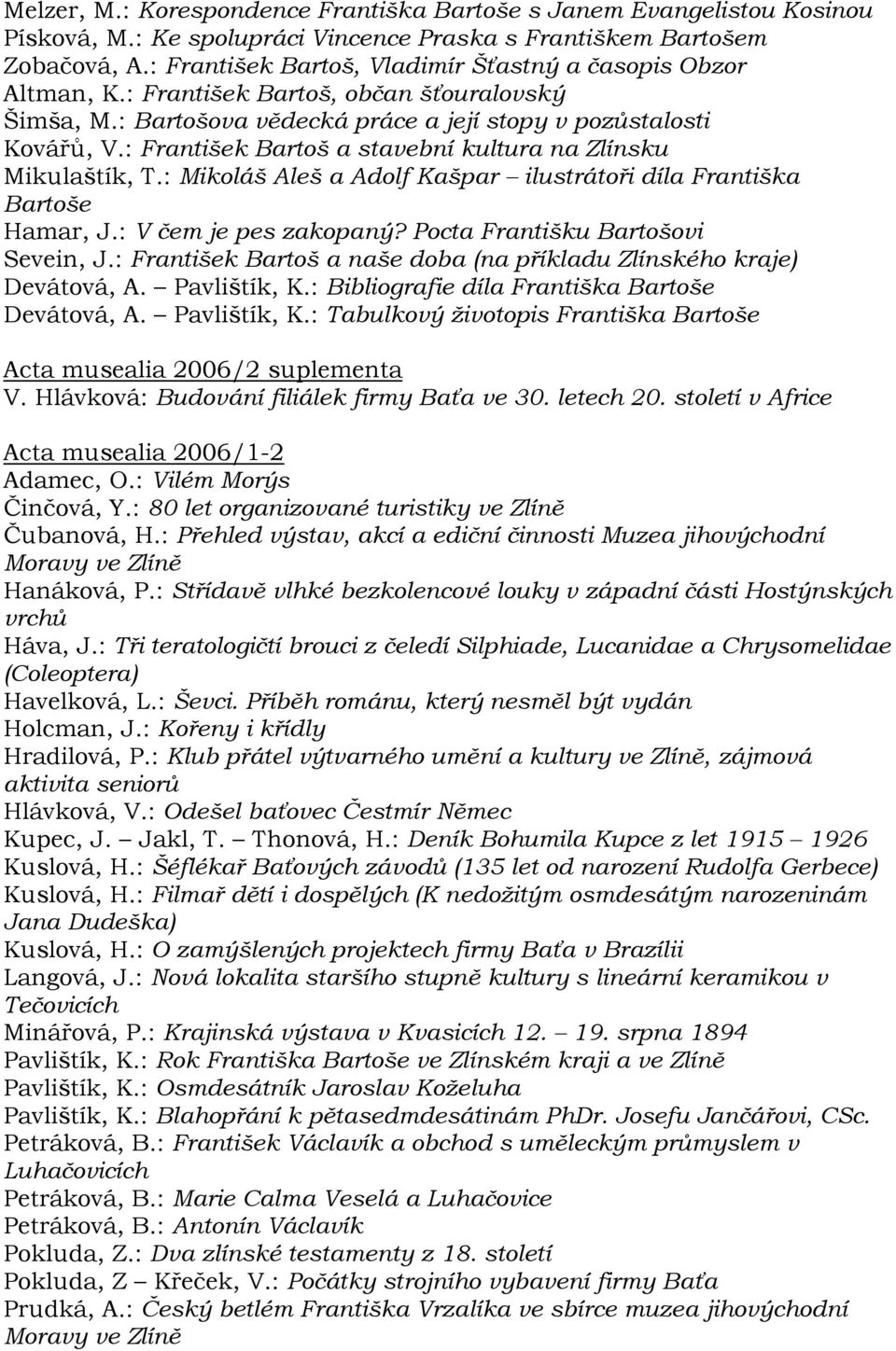 : František Bartoš a stavební kultura na Zlínsku Mikulaštík, T.: Mikoláš Aleš a Adolf Kašpar ilustrátoři díla Františka Bartoše Hamar, J.: V čem je pes zakopaný? Pocta Františku Bartošovi Sevein, J.