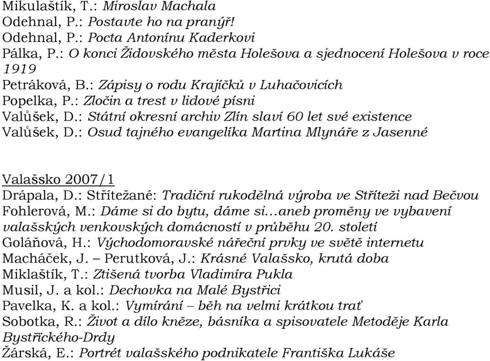 : Osud tajného evangelíka Martina Mlynáře z Jasenné Valašsko 2007/1 Drápala, D.: Střítežané: Tradiční rukodělná výroba ve Stříteži nad Bečvou Fohlerová, M.