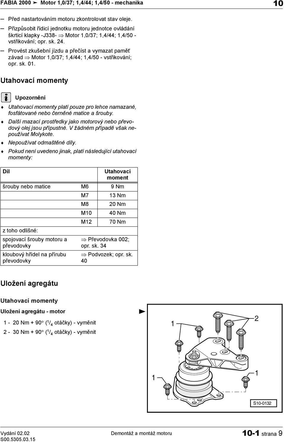 Provést zkušební jízdu a přečíst a vymazat paměť závad Motor,0/37;,4/44;,4/50 - vstřikování; opr. sk. 0.