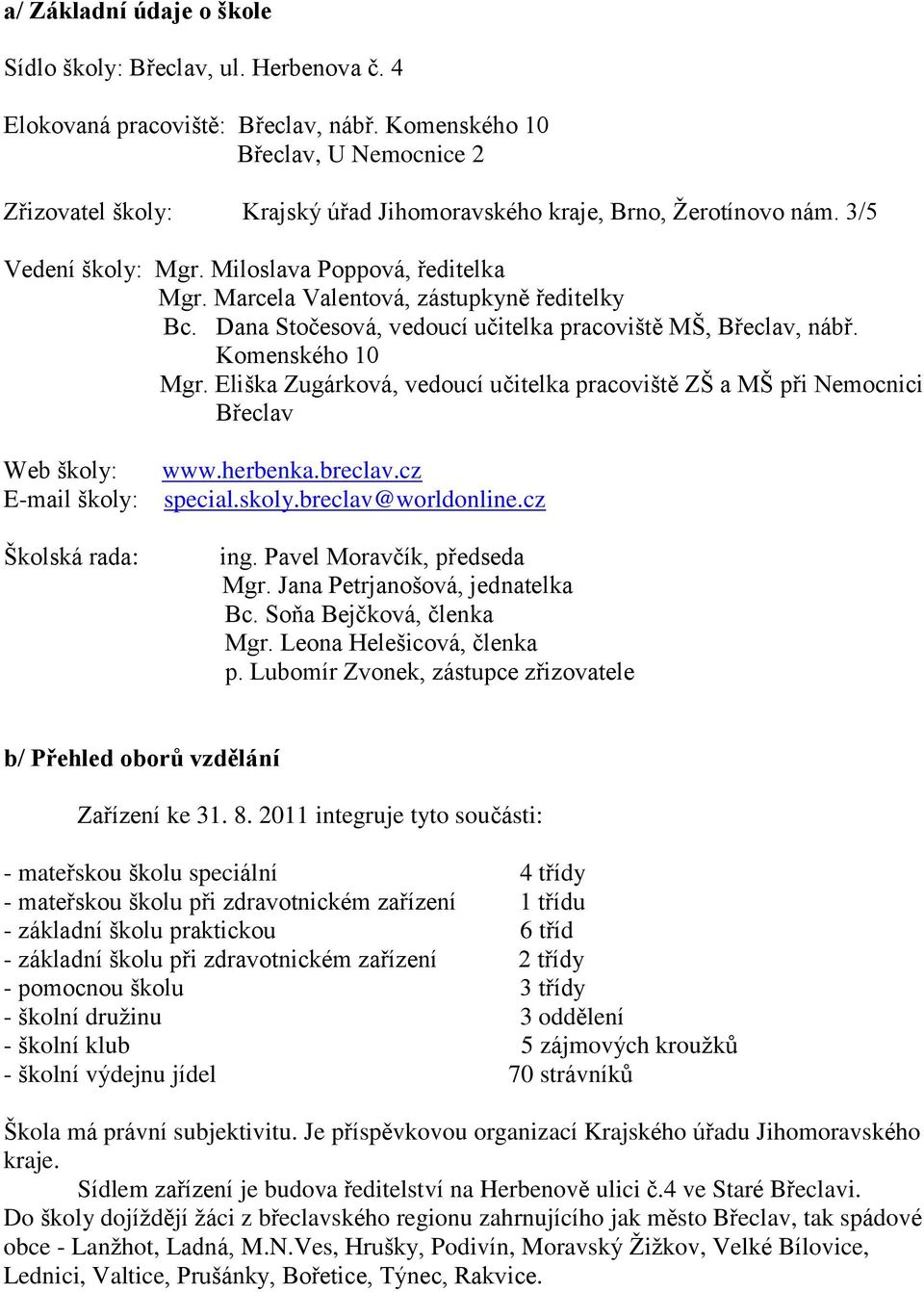 Marcela Valentová, zástupkyně ředitelky Bc. Dana Stočesová, vedoucí učitelka pracoviště MŠ, Břeclav, nábř. Komenského 10 Mgr.