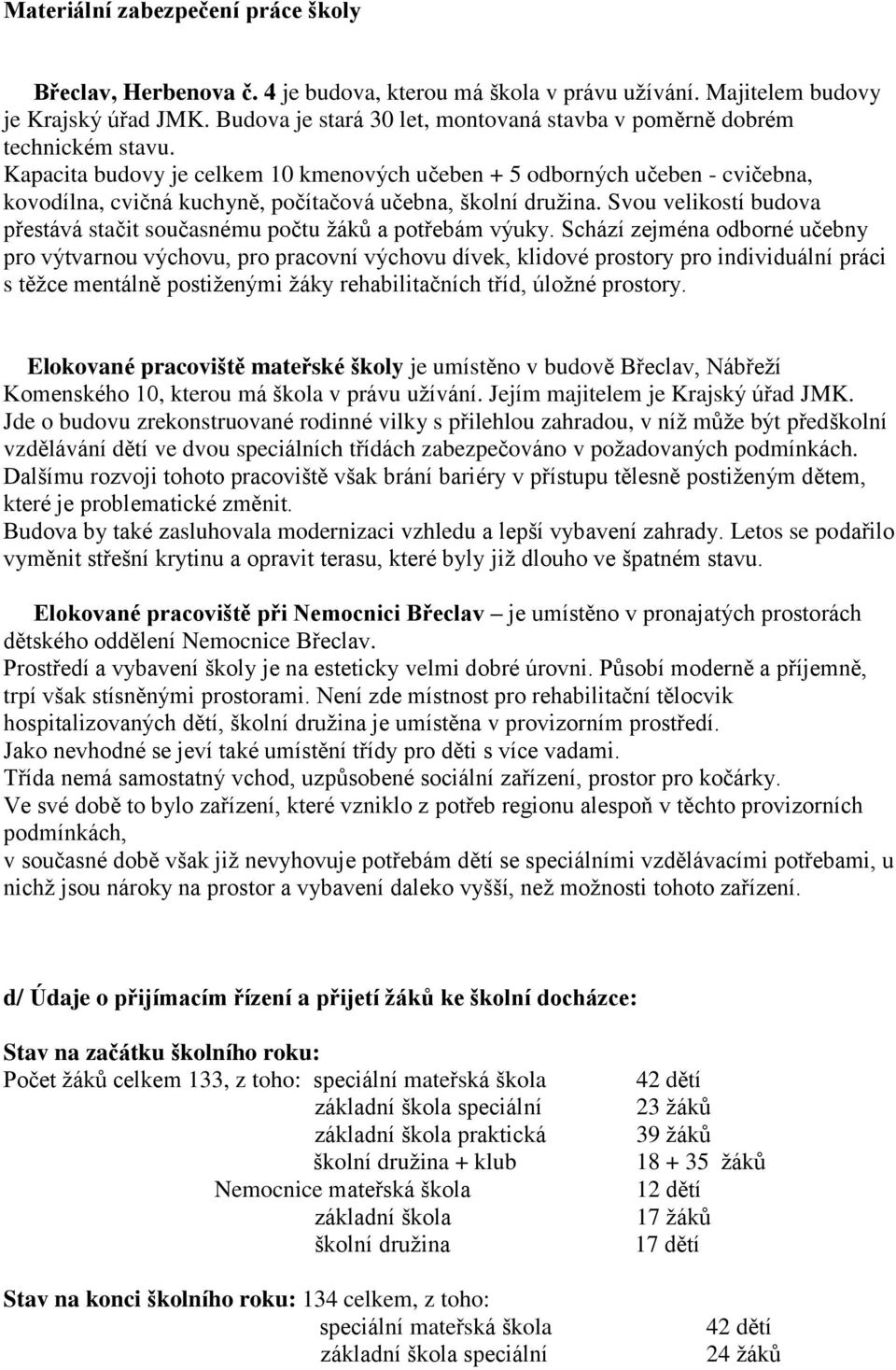 Kapacita budovy je celkem 10 kmenových učeben + 5 odborných učeben - cvičebna, kovodílna, cvičná kuchyně, počítačová učebna, školní družina.