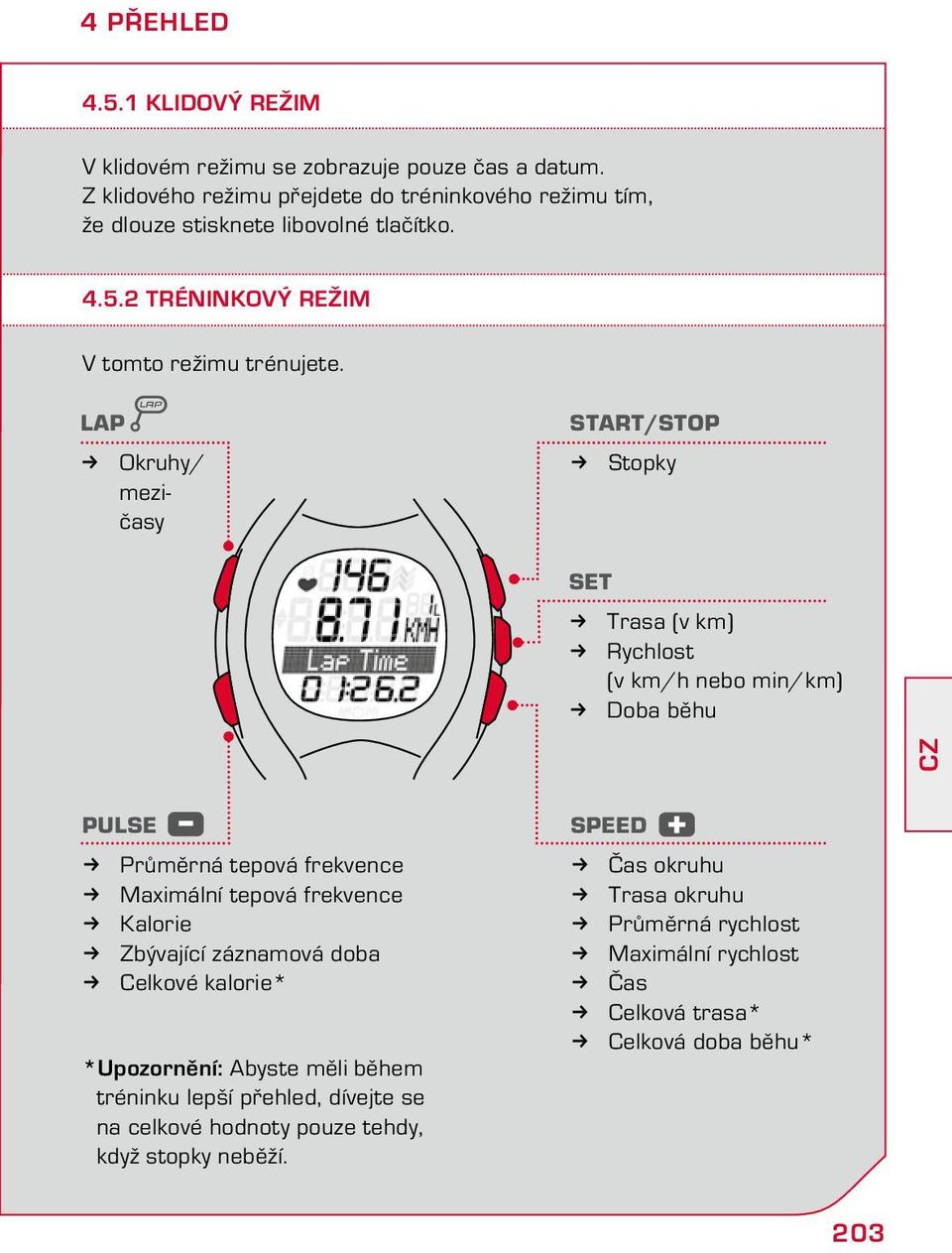 LAP Okruhy/ mezičasy START/STOP Stopky SET Trasa (v km) Rychlost (v km/h nebo min/km) Doba běhu CZ PULSE Průměrná tepová frekvence Maximální tepová frekvence