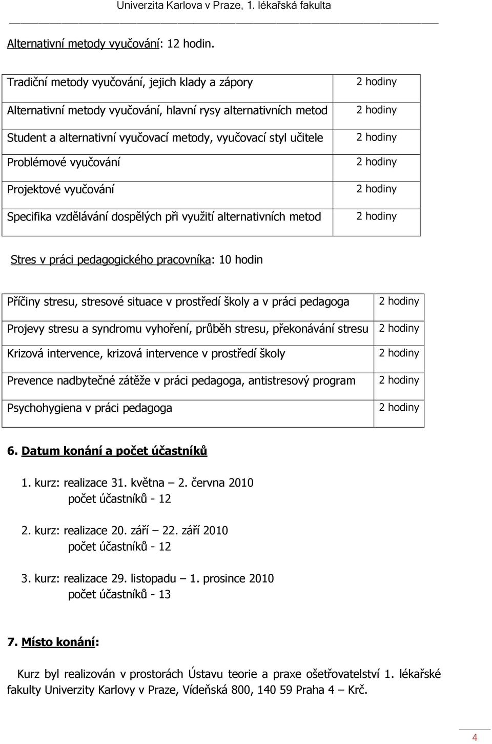 Projektové vyučování Specifika vzdělávání dospělých při využití alternativních metod Stres v práci pedagogického pracovníka: 10 hodin Příčiny stresu, stresové situace v prostředí školy a v práci