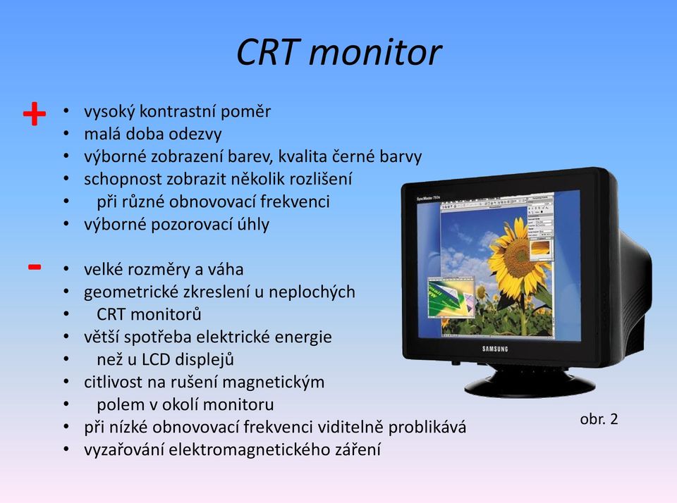 zkreslení u neplochých CRT monitorů větší spotřeba elektrické energie než u LCD displejů citlivost na rušení
