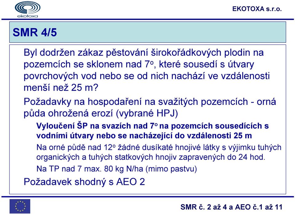 Požadavky na hospodaření na svažitých pozemcích - orná půda ohrožená erozí (vybrané HPJ) Vyloučení ŠP na svazích nad 7 o na pozemcích sousedících