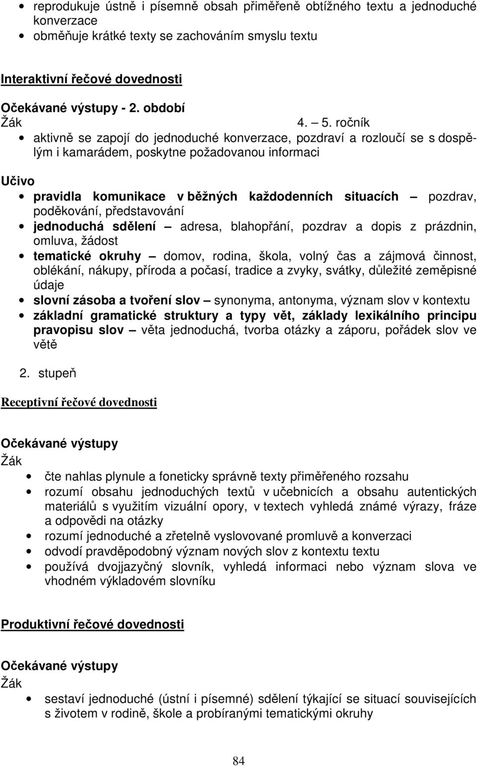 poděkování, představování jednoduchá sdělení adresa, blahopřání, pozdrav a dopis z prázdnin, omluva, žádost tematické okruhy domov, rodina, škola, volný čas a zájmová činnost, oblékání, nákupy,