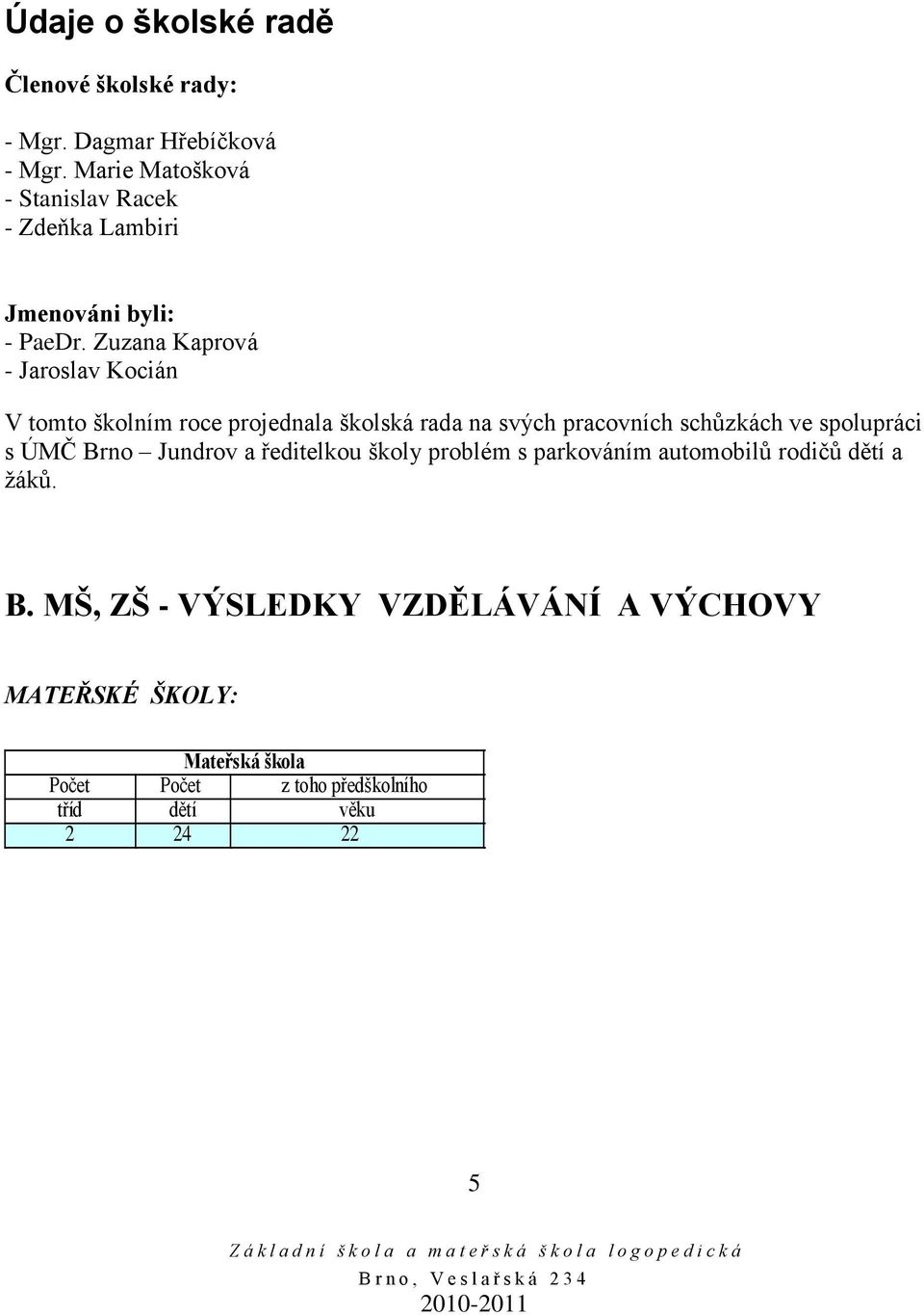 Zuzana Kaprová - Jaroslav Kocián V tomto školním roce projednala školská rada na svých pracovních schůzkách ve spolupráci