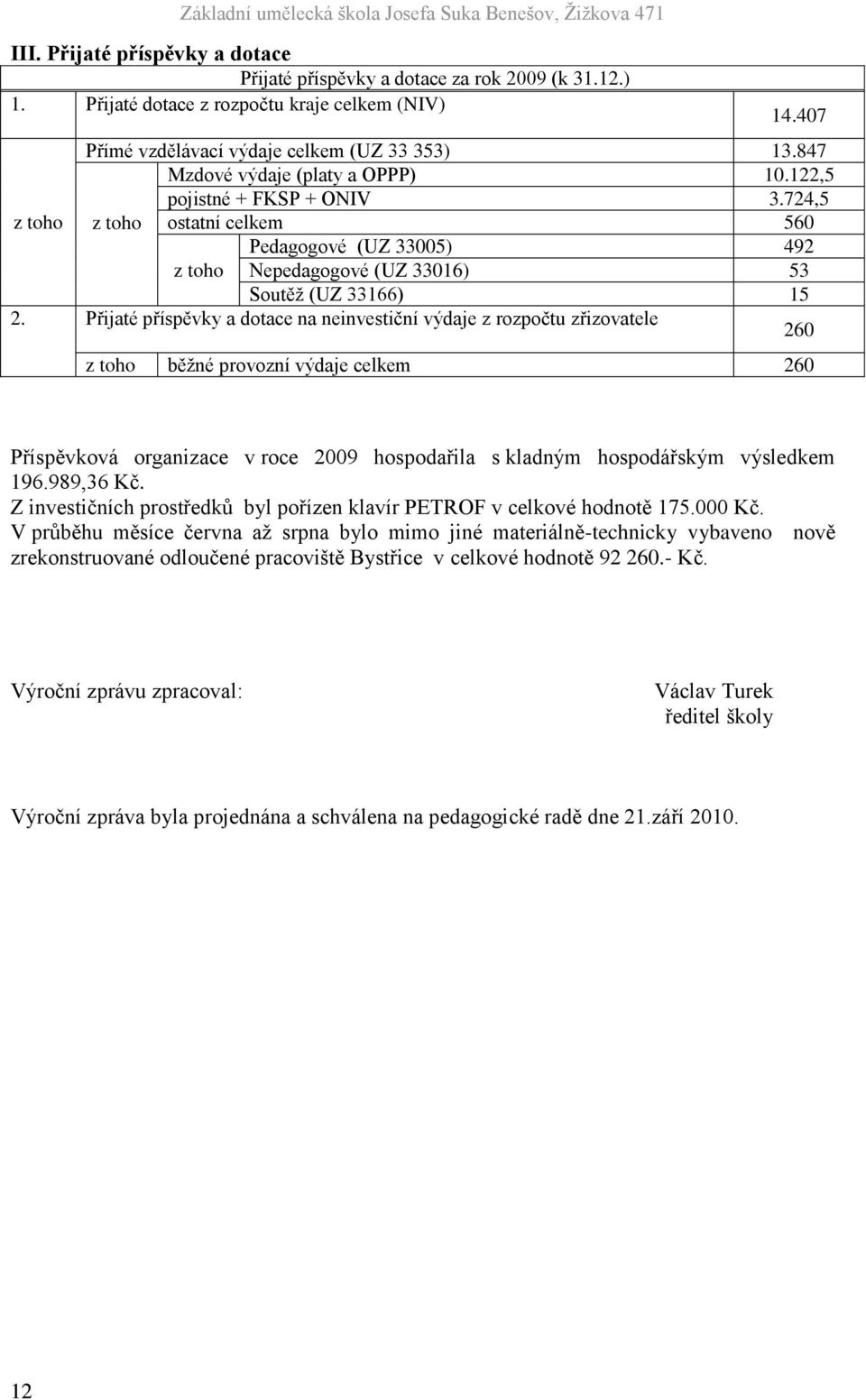 Přijaté příspěvky a dotace na neinvestiční výdaje z rozpočtu zřizovatele 260 z toho běţné provozní výdaje celkem 260 Příspěvková organizace v roce 2009 hospodařila s kladným hospodářským výsledkem