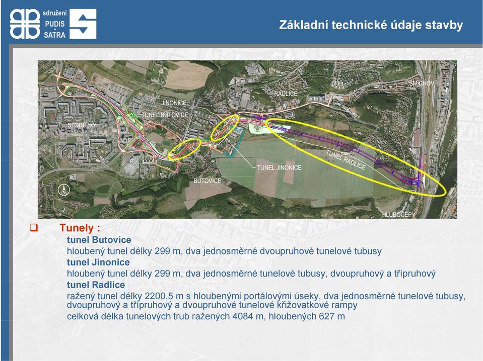 tunel Radlice ražený tunel délky 2200,5 m s hloubenými portálovými úseky, dva jednosměrné tunelové tubusy,