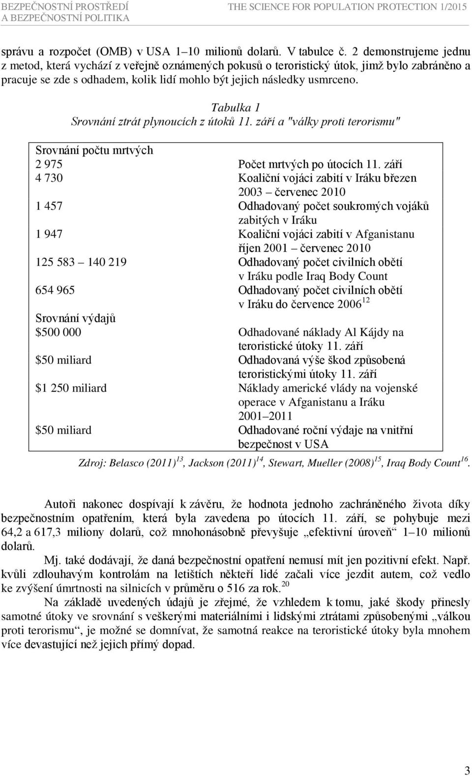 Tabulka 1 Srovnání ztrát plynoucích z útoků 11. září a "války proti terorismu" Srovnání počtu mrtvých 2 975 Počet mrtvých po útocích 11.