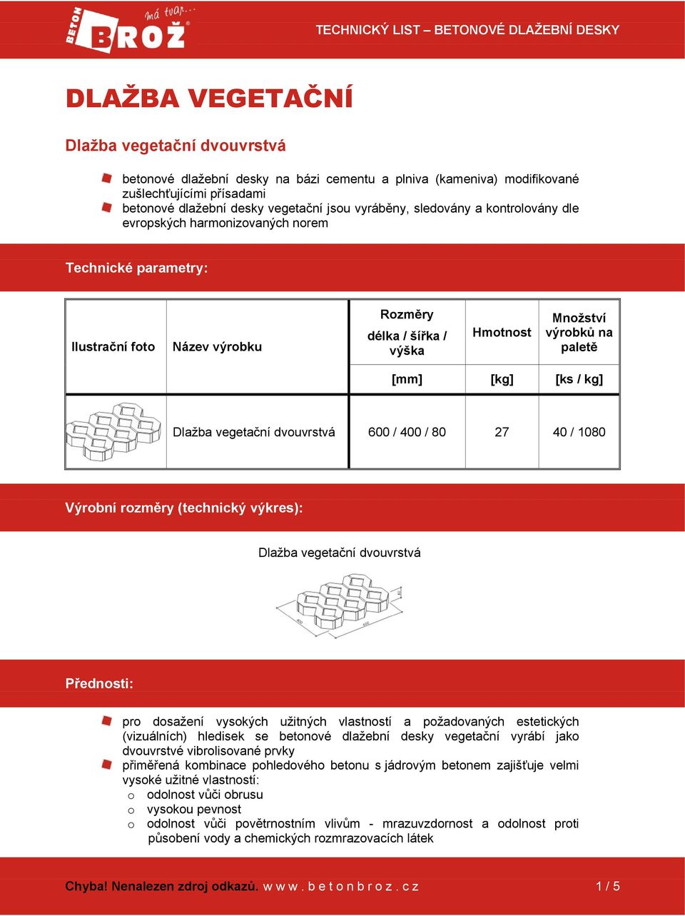 Množství výrobků na paletě [mm] [kg] [ks / kg] Dlažba vegetační dvouvrstvá 600 / 400 / 80 27 40 / 1080 Výrobní rozměry (technický výkres): Dlažba vegetační dvouvrstvá Přednosti: pro dosažení vysokých