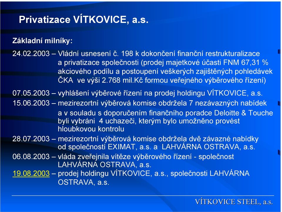 kč formou veřejného výběrového řízení) 07.05.2003 vyhlášení výběrové řízení na prodej holdingu VÍTKOVICE, a.s. 15.06.