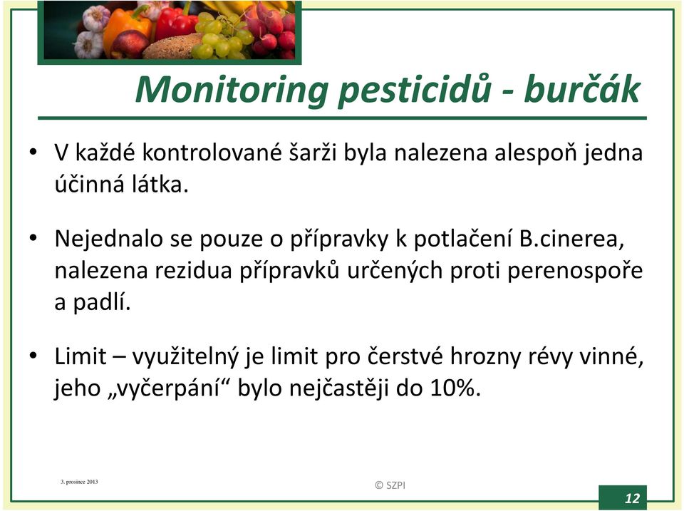 cinerea, nalezena rezidua přípravků určených proti perenospoře a padlí.