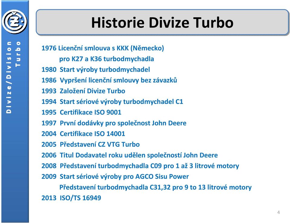 John Deere 2004 Certifikace ISO 14001 2005 Představení CZ VTG Turbo 2006 Titul Dodavatel roku udělen společností John Deere 2008 Představení