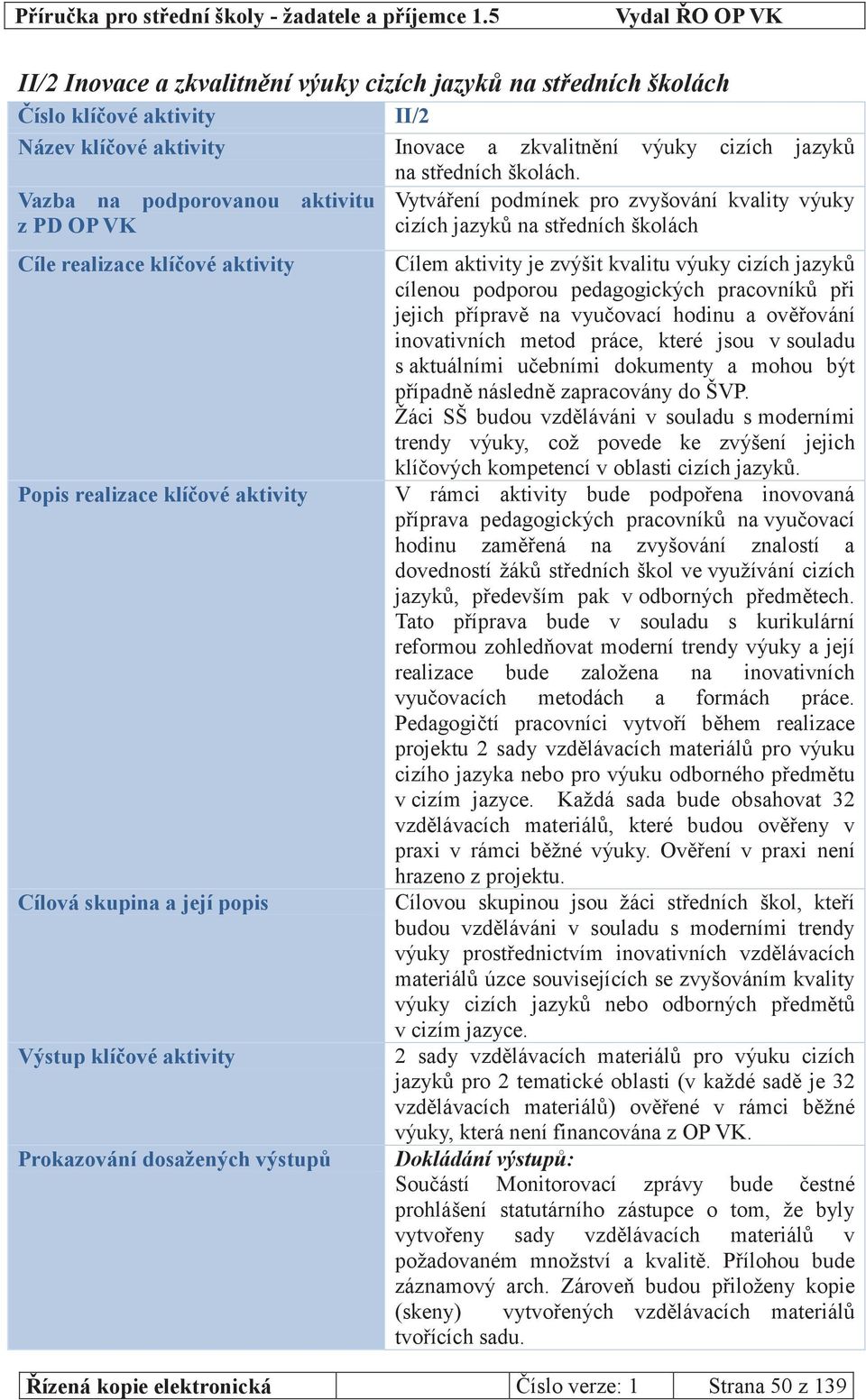 Vytváření podmínek pro zvyšování kvality výuky cizích jazyků na středních školách Cílem aktivity je zvýšit kvalitu výuky cizích jazyků cílenou podporou pedagogických pracovníků při jejich přípravě na