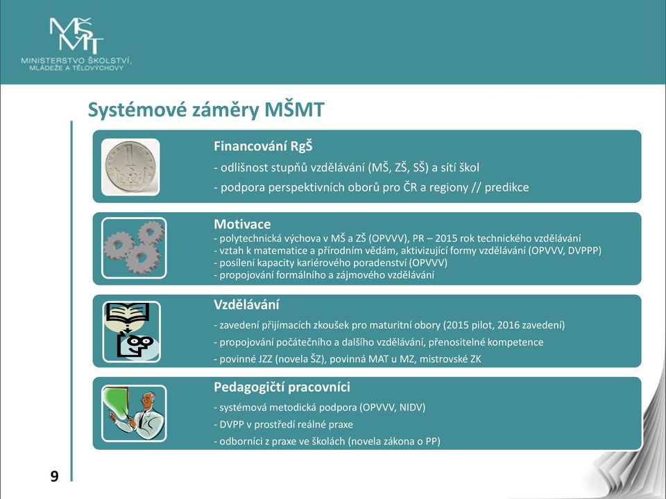 formálního a zájmového vzdělávání Vzdělávání - zavedení přijímacích zkoušek pro maturitní obory (2015 pilot, 2016 zavedení) - propojování počátečního a dalšího vzdělávání, přenositelné kompetence -