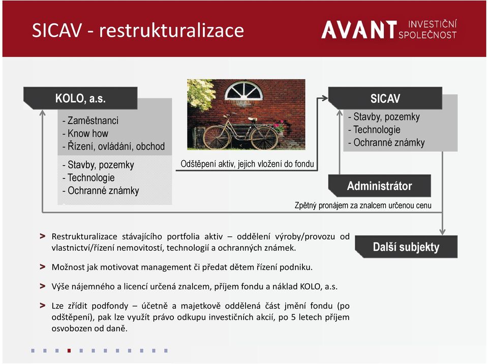 SICAV - Zaměstnanci - Know how - Řízení, ovládání, obchod - Stavby, pozemky - Technologie - Ochranné známky - - Stavby, pozemky - Technologie - Ochranné známky Odštěpení aktiv, jejich