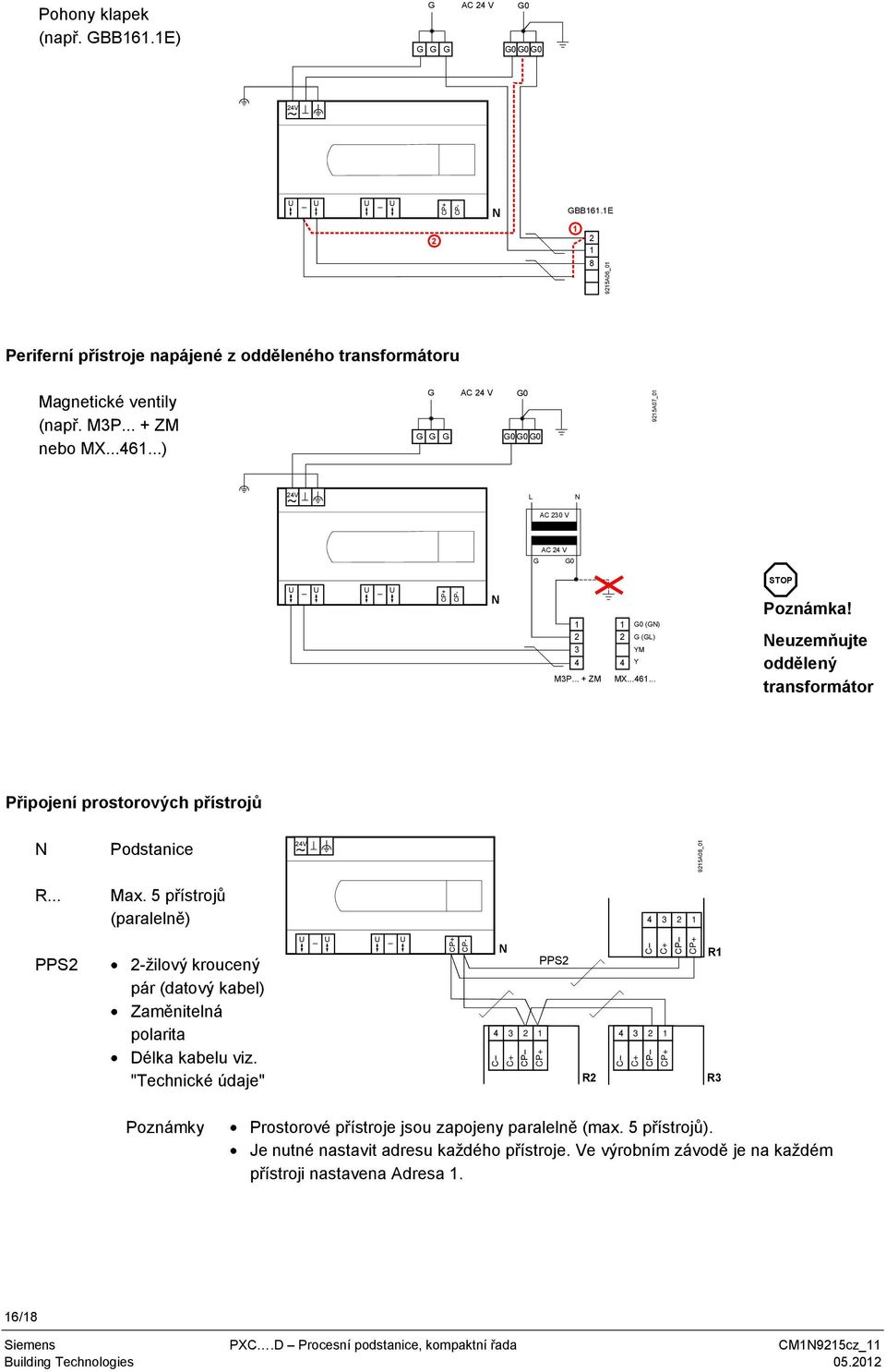 .. + ZM 1 2 4 G0 (GN) G (GL) YM Y MX...461... STOP Poznámka! Neuzemňujte oddělený transformátor Připojení prostorových přístrojů N Podstanice 24V R... Max.