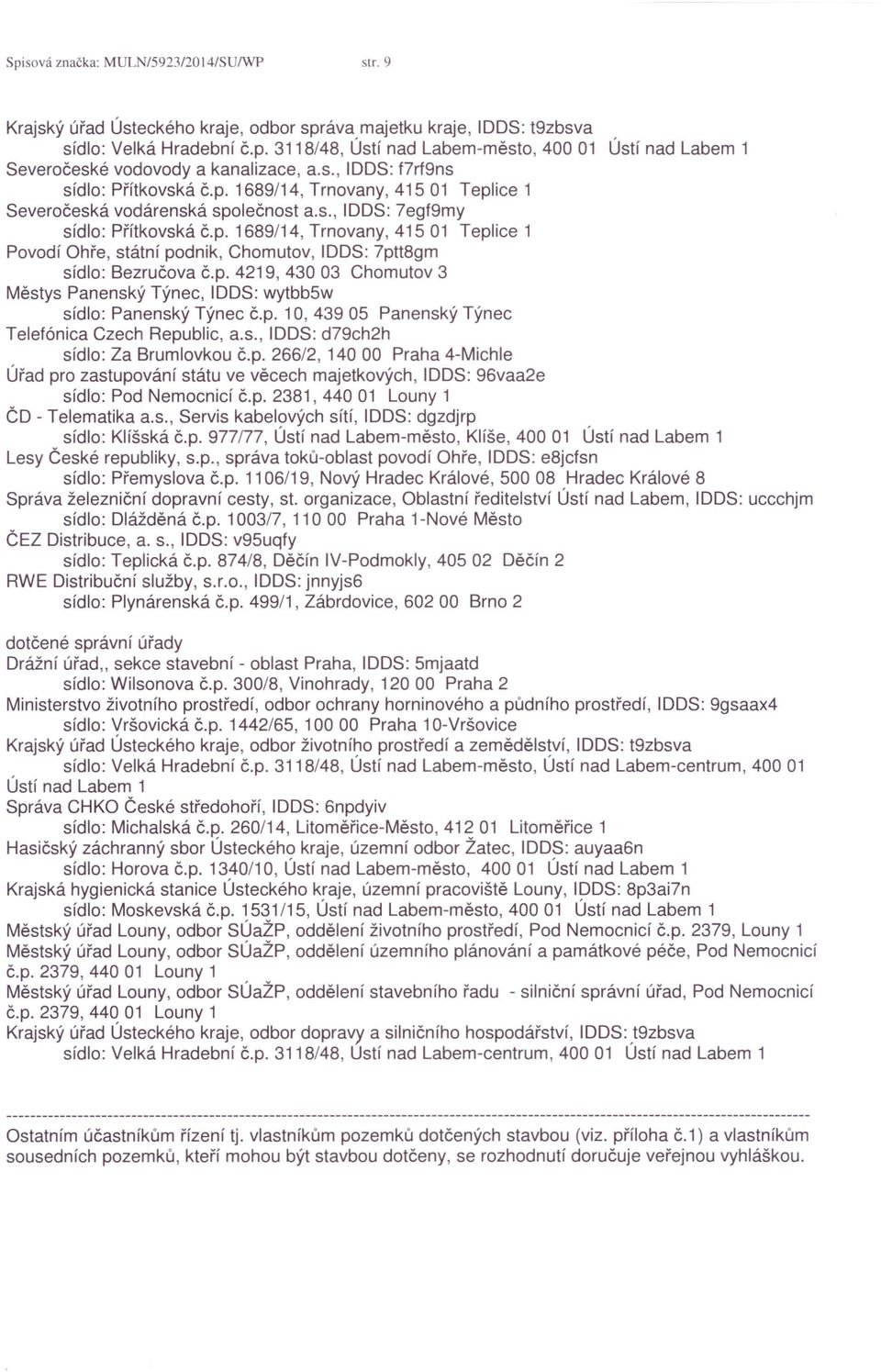 p. 4219, 430 03 Chomutov 3 Městys Panenský Týnec, IDDS: wytbb5w sídlo: Panenský Týnec č.p. 10, 439 05 Panenský Týnec Telefónica Czech Republic, a.s., IDDS: d79ch2h sídlo: Za Brumlovkou č.p. 266/2, 140 00 Praha 4-Michle Úřad pro zastupování státu ve věcech majetkových, IDDS: 96vaa2e sídlo: Pod Nemocnicí č.