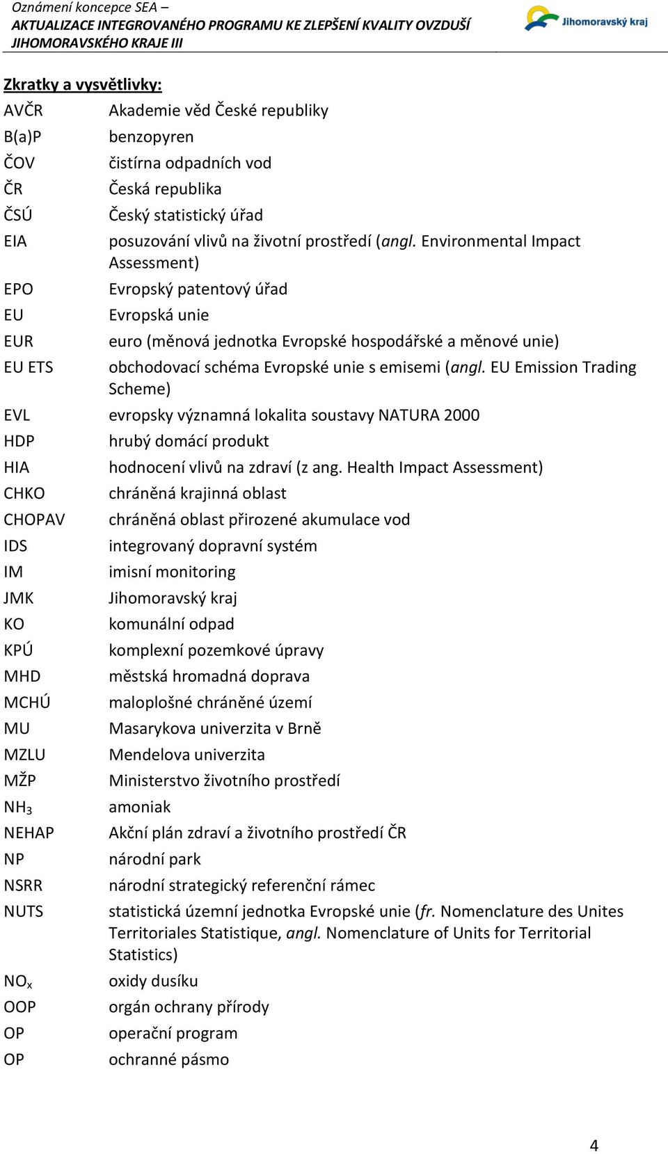 EU Emission Trading Scheme) EVL evropsky významná lokalita soustavy NATURA 2000 HDP HIA CHKO CHOPAV IDS IM JMK KO KPÚ MHD MCHÚ MU MZLU MŽP NH 3 NEHAP NP NSRR NUTS NO x OOP OP OP hrubý domácí produkt