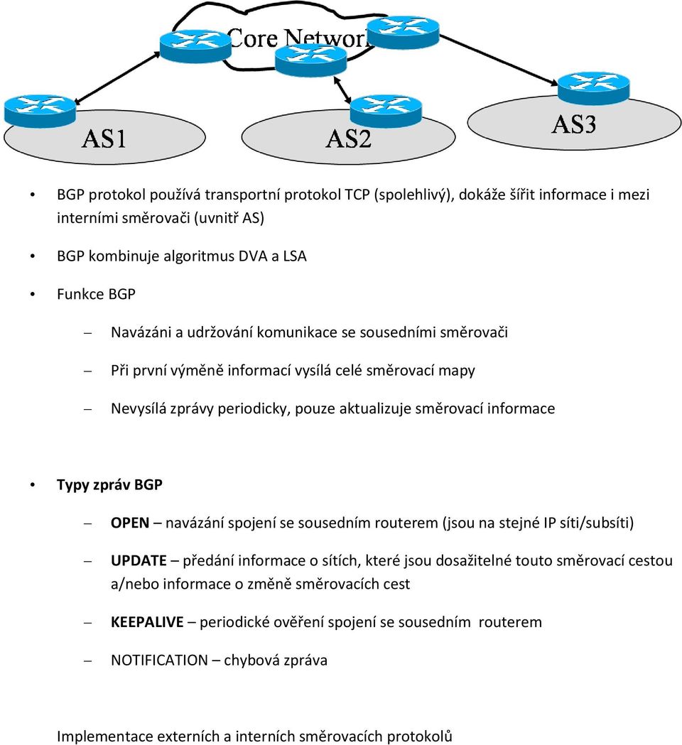 Typy zpráv BGP OPEN navázání spojení se sousedním routerem (jsou na stejné IP síti/subsíti) UPDATE předání informace o sítích, které jsou dosažitelné touto směrovací cestou