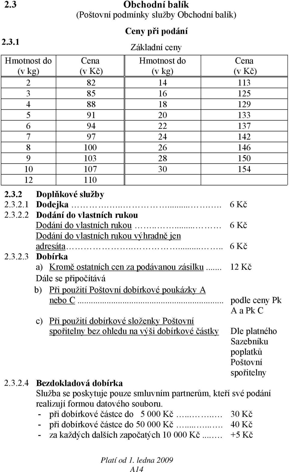 .... 6 Kč Dodání do vlastních rukou výhradně jen adresáta....... 6 Kč 2.3.2.3 Dobírka a) Kromě ostatních cen za podávanou zásilku.