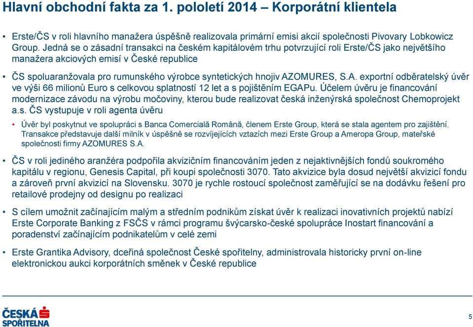 hnojiv AZOMURES, S.A. exportní odběratelský úvěr ve výši 66 milionů Euro s celkovou splatností 12 let a s pojištěním EGAPu.