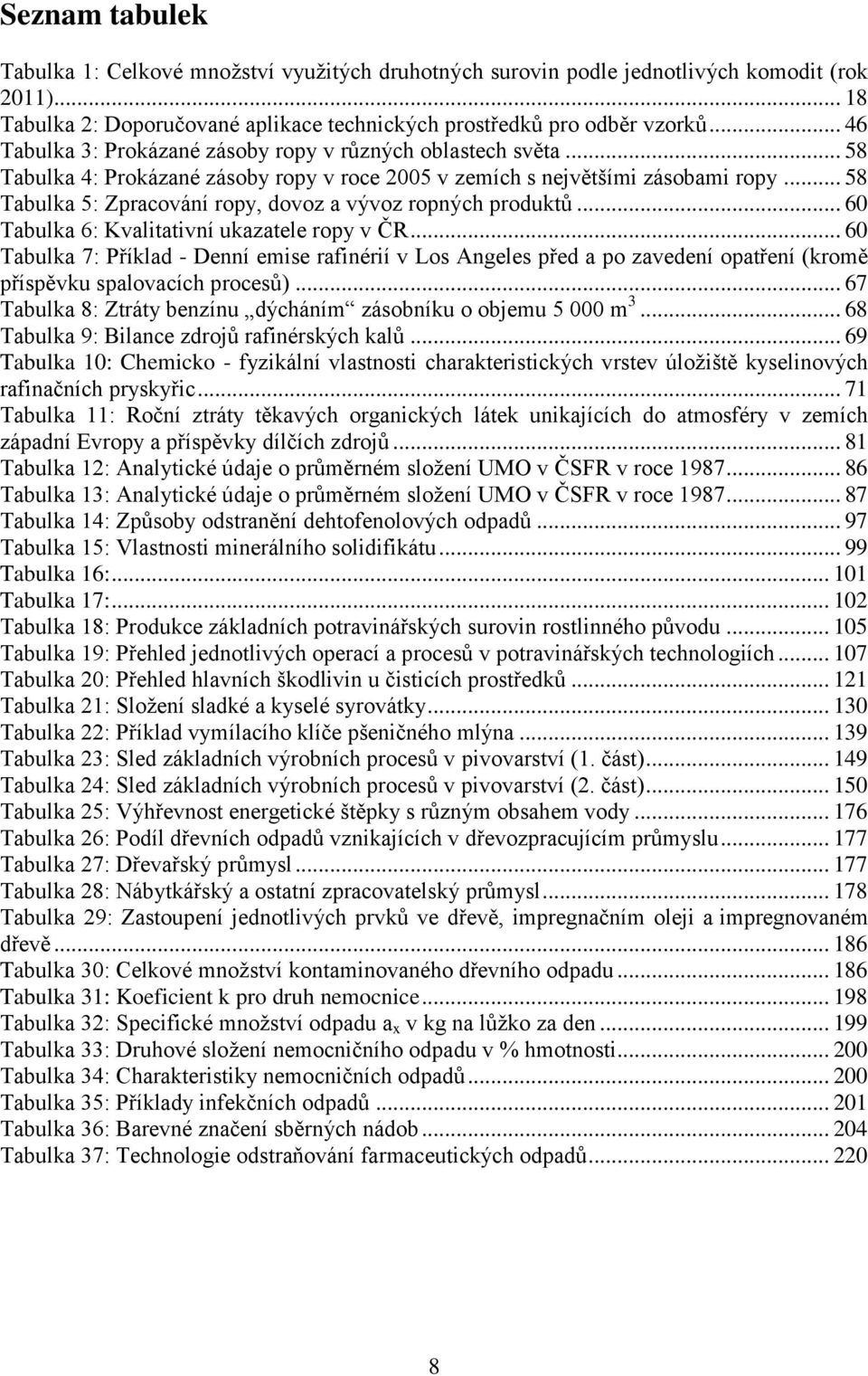 .. 58 Tabulka 5: Zpracování ropy, dovoz a vývoz ropných produktů... 60 Tabulka 6: Kvalitativní ukazatele ropy v ČR.
